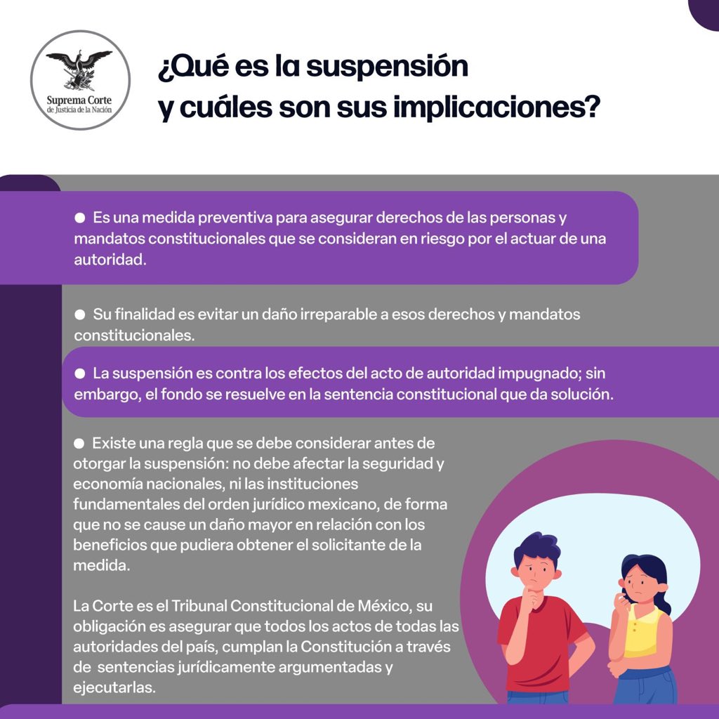 SCJN's tweet photo. Cuando te hablamos de suspensión, ¿a qué nos referimos?

Aquí más información 👇

#SaberEsTuDerecho https://t.co/4tZQ210Z5W