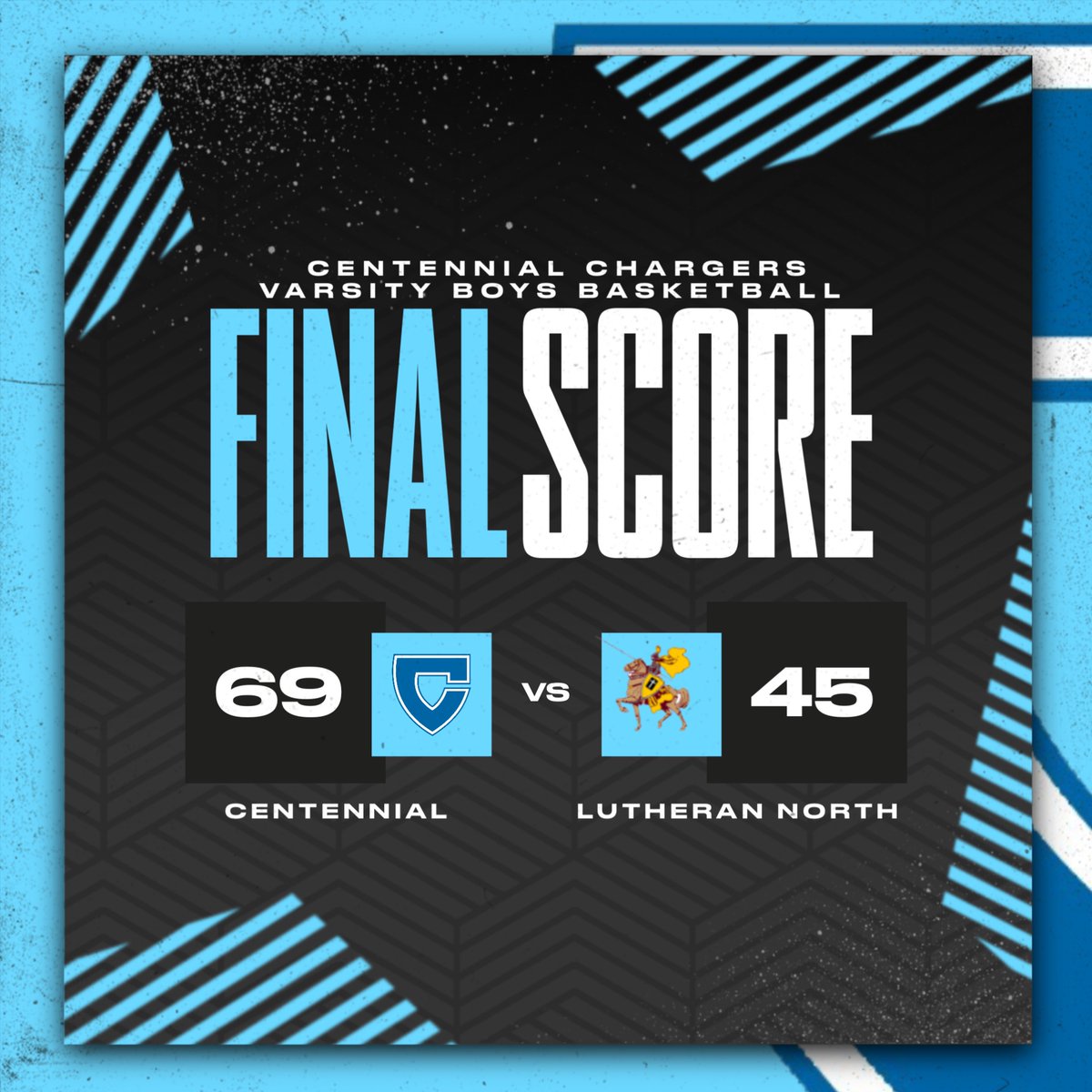 CHAR_GERS's tweet photo. Centennial Boys Basketball gets the 69-45 win over Lutheran North!  The Chargers will play for the tournament championship against the Lincoln-Way Griffins tomorrow night at 7:30 PM.  #IfItAintBlueItAintTrue #FullyCharged https://t.co/u4iocgLCEZ