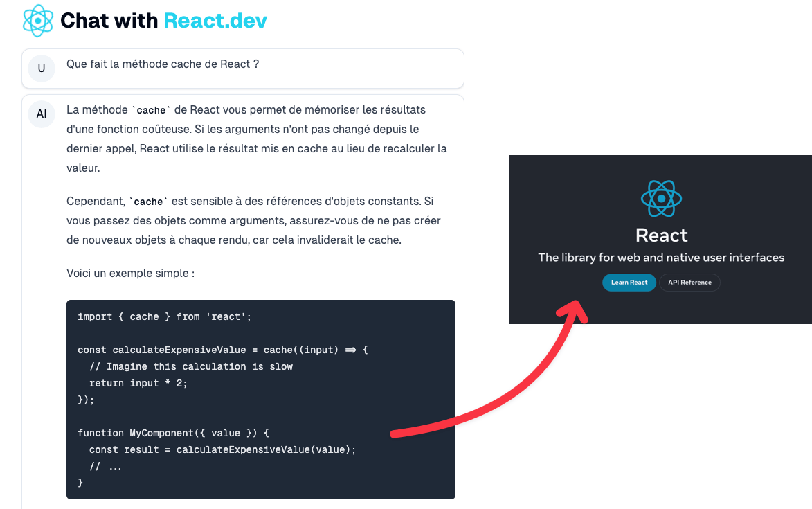 melvynx's tweet photo. Je viens de déployer un site gratuit qui te permet de poser des questions à la documentation React 💬

Le truc génial, c'est que le chat a comme contexte la source et te donne les liens pour en savoir plus 🤨

Tu peux tester ici 👉 https://t.co/eMmUo0gTYd 👈 https://t.co/nbGuW8mnn7