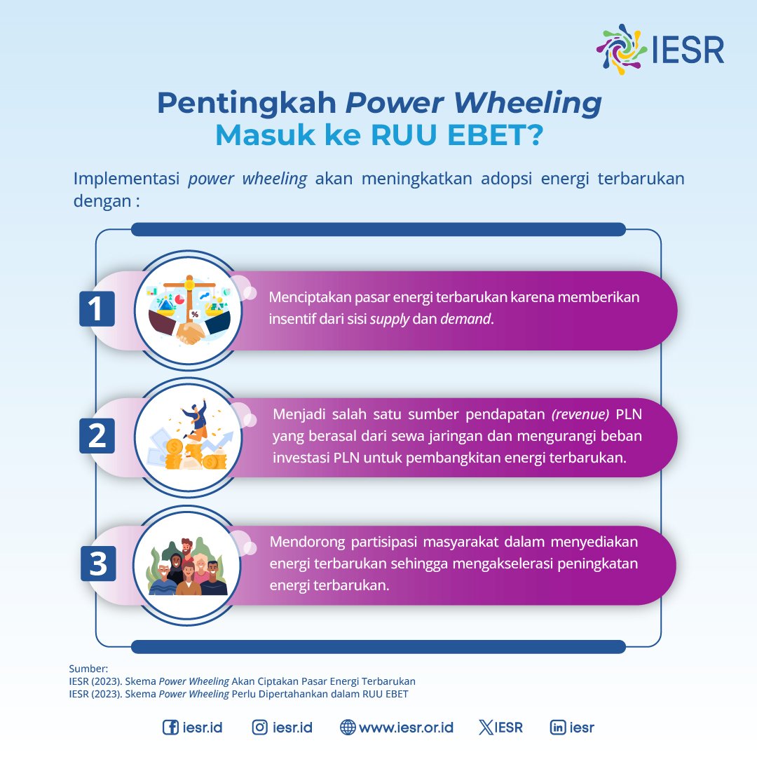 IESR's tweet photo. Sobat Essentials! Skema #PowerWheeling, yang memungkinkan transfer #listrik antar pengguna tanpa melalui jaringan distribusi, telah diusulkan kembali untuk dimasukkan ke dalam Rancangan Undang-Undang Energi Baru dan Terbarukan (#RUUEBET). Meskipun konsep ini telah mendapatkan perhatian positif karena potensinya untuk mendorong penetrasi #energiterbarukan, efisiensi #energi dan penggunaan sumber daya terbarukan, beberapa pihak mengkhawatirkan kompleksitas teknis dan keamanan. Untuk itu, penyusunan yang cermat dalam RUU EBET diperlukan untuk menetapkan kerangka regulasi yang kuat, memastikan transparansi, serta mencegah potensi penyalahgunaan yang dapat terjadi. Lantas bagaimana proyeksi penetrasi energi terbarukan di sistem kelistrikan di Indonesia? Unduh Enabling High Share of Renewable Energy in Indonesia's Power System by 2030 di https://t.co/gtOE6zwMDw 🍀⚡