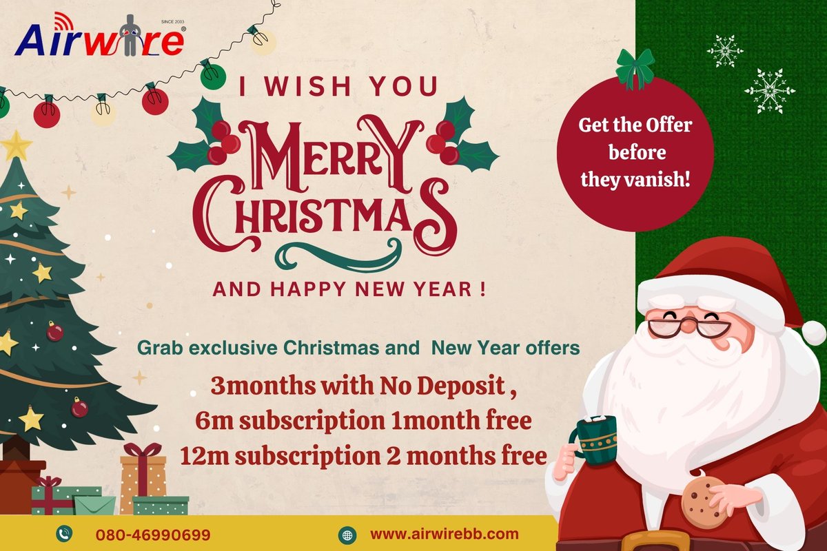 Grab exclusive Christmas and  New Year offers before they vanish!
No deposit for 3 months plan and ,
6 months subscription get one month free,
12 months subscription get 2 months free.
#broadband #BroadbandForAll #bangaloreinternet #HighSpeedInternet  #happynewyear2024