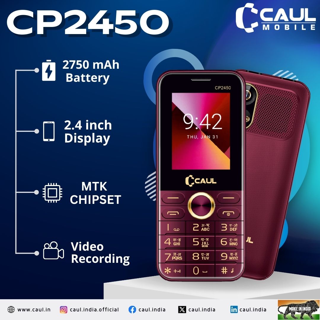 CaulIndia's tweet image. Caul CP2450 – where sleek and elegant design meets impressive features! 🤩
✅️ 2.4 Inch Display
✅️ 2750 mAh Battery
✅️ MTK CHIPSET
✅️ Video Recording

 #impressivedesign #caulmobile #madeinindia