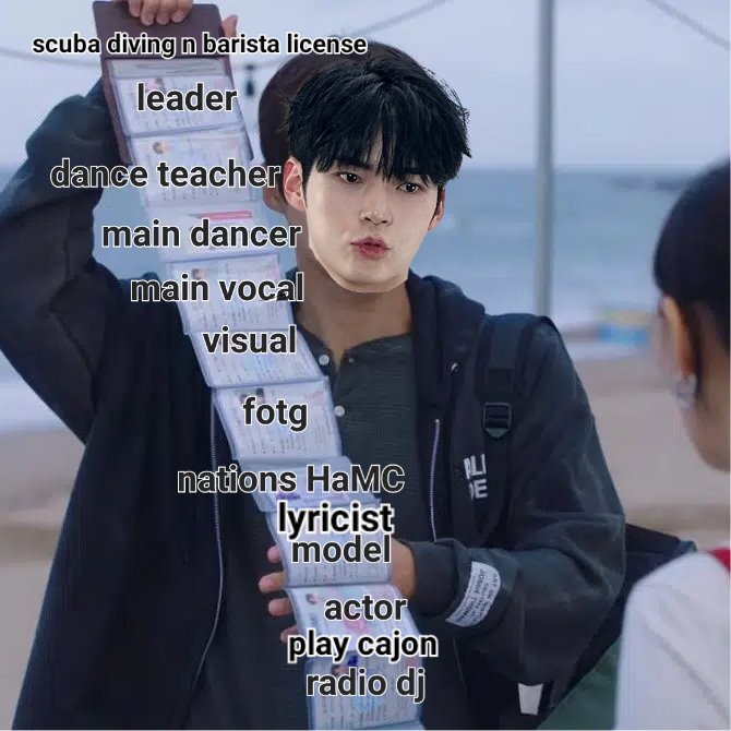 hnbnsrng's tweet photo. Added Cajon, scuba diving n barista license, n lyricist to hanbin's jobs like man do your back hurt from carrying the whole 5th gen industry https://t.co/Ks9OTvC1dO