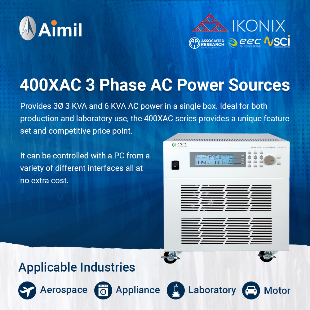 AimilLtd's tweet image. 🔌⚡️ Introducing EEC 400XAC Series 𝟯 𝗣𝗵𝗮𝘀𝗲 𝗔𝗖 𝗣𝗼𝘄𝗲𝗿 𝗦𝗼𝘂𝗿𝗰𝗲𝘀: Power Redefined! ⚙️🌐

#EEC400XAC #ACPowerSources #PowerSupply #IndustrySolutions #SmartCONFIG #PrecisionPower #Versatility #Innovation #AerospaceIndustry #Appliances #LaboratoryTesting