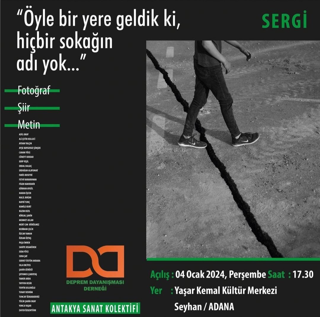 📍Adana'da buluşuyoruz... 
Sergi ve belgesel gösterimi ardından deprem sonrası kurulan dayanışma ağlarını Hatay ve Adıyaman'dan gelen dostlarımız ile konuşuyoruz. 
📆 4 Ocak Perşembe
🕡 17:30 Sergi Açılışı 
🕕 18:00 Belgesel Gösterimi
📍 Yaşar Kemal Kültür Merkezi/Adana
