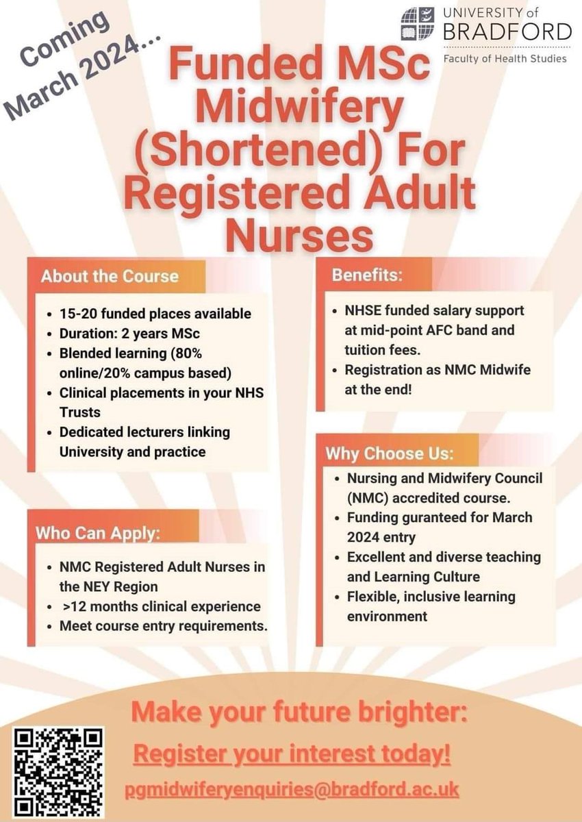 ‼️2 year MSc Midwifery (shortened programme) for qualified adult nurses @uob_midwifery 🎓 Begins March 2024 📣Contact: pgmidwiferyenquiries@bradford.ac.uk Requirements: ✅ qualified adult nurse ✅ 12 months clinical experience ✅ based in North East or Yorkshire