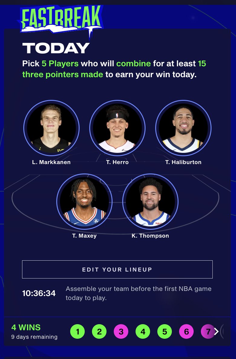 Hoping to get to at least 8 wins. Missed one day so far, lost two... How we feeling about this lineup? <a href="/NBATopShot/">NBA Top Shot</a> #fastbreak
