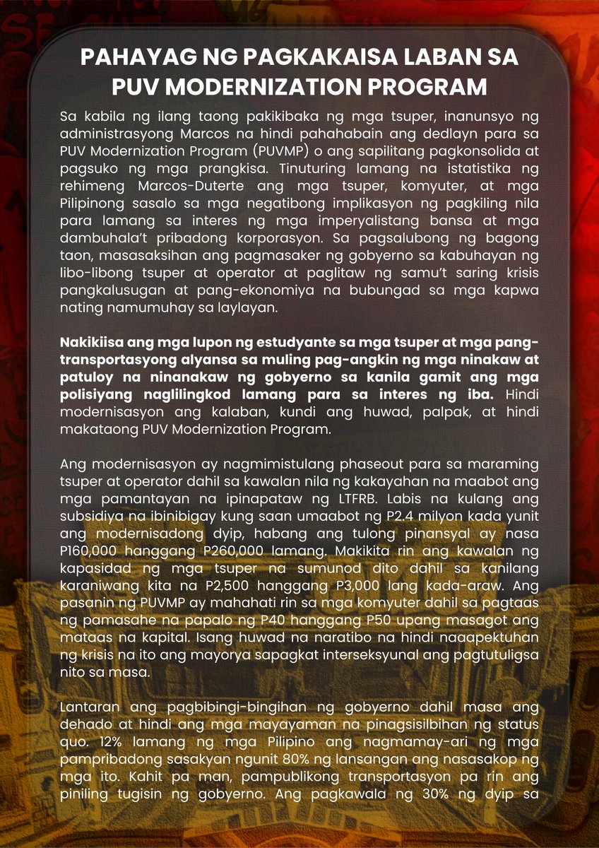 topijfl_'s tweet photo. Kung tuloy ang PHASEOUT, tuloy ang PROTESTA! ✊

Basahin dito: Isang unity statement na binuo ng lupon ng estudyanteng naninindigan kasama ang mga tsuper. ✊🏻❤️‍🔥

#NoToJeepneyPhaseout
#NoToPUVPhaseout
#StopBiyahengImpyerno2024 https://t.co/RbW1QQSy6f