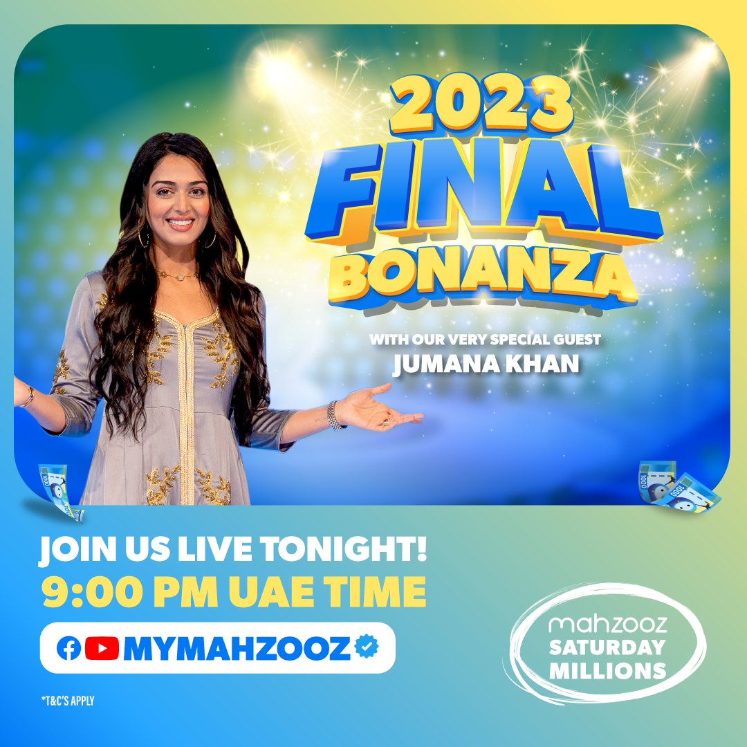 Counting down to an epic finale! 🌟 Join us tonight for our 2023 Final Bonanza, where the excitement hits its peak! 🚀✨ Brace yourself for a thrilling night as we have 100 guaranteed raffle winners set to take home 100 guaranteed prizes. 🎉🥳 
 Visit mahzooz.ae now