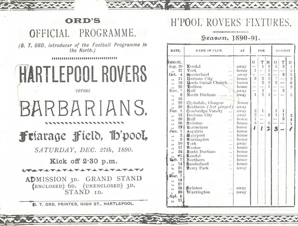 bickers615's tweet photo. 27th December 1890 saw Barbarian FC play their first game against Hartlepool Rovers F.C at The Friarage Field, Hartlepool in Durham County Rugby Football Union . The Barbarian's won by 3 goals, 1 minor to 1 goal, 1 try and 2 minors equating to 9-4. https://t.co/RaDVLtpw5x