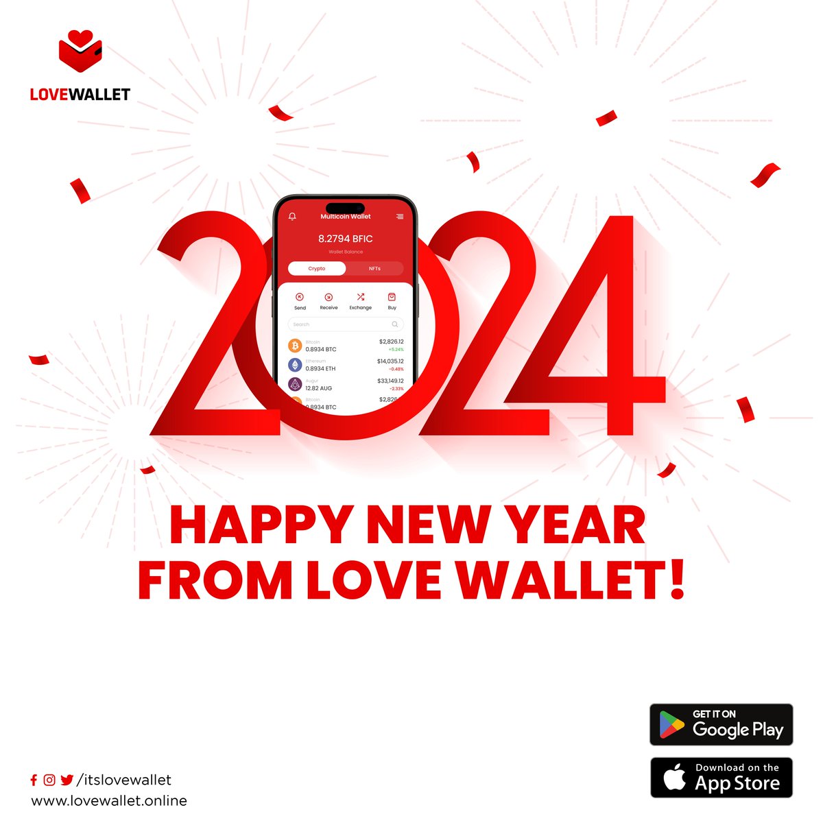 Wishing you a Happy New Year 2024 filled with joy, prosperity, and successful crypto journeys from all of us at Love Wallet! 

May the year ahead be filled with exciting opportunities and positive growth. Cheers to a fantastic year ahead! 🎉🥳✨ 

#HappyNewYear #LoveWallet