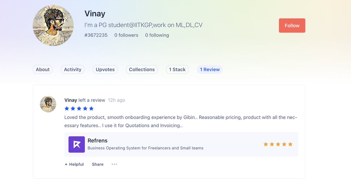 Love it when our users acknowledge our team members' efforts. <a href="/RefrensApp/">Refrens</a>