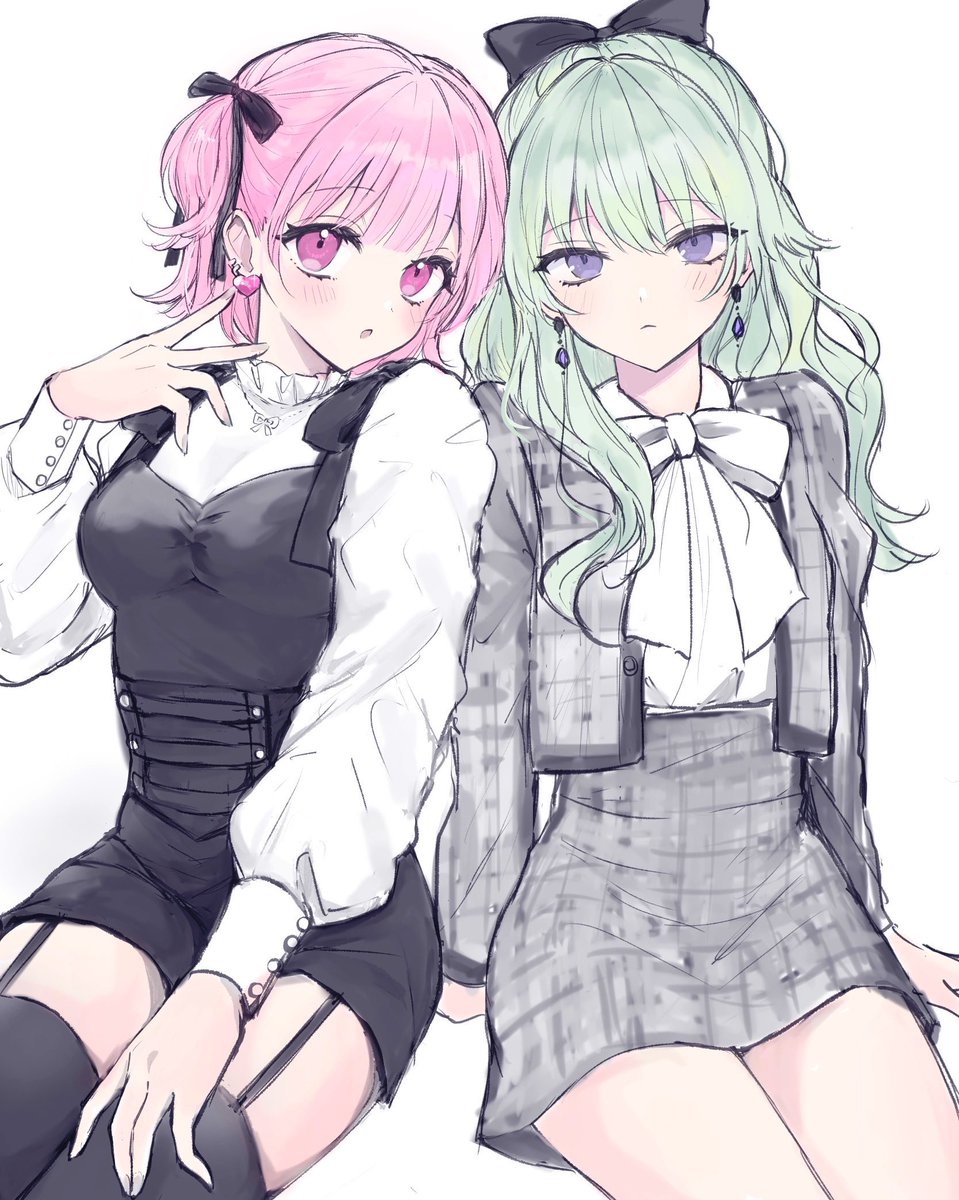 kusanagi nene ,ootori emu multiple girls 2girls green hair bow pink hair jewelry earrings  illustration images