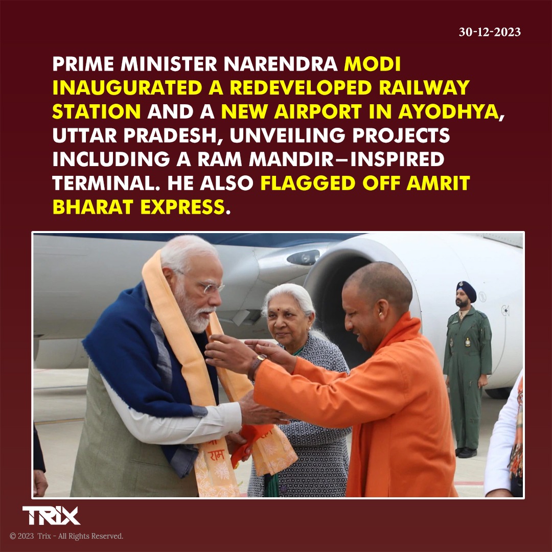 'PM Modi Inaugurates Redeveloped Railway Station, Airport, and Amrit Bharat Express in Ayodhya'.

#AyodhyaInauguration #PMModi #InfrastructureDevelopment #RailwayStationRedevelopment #AirportInauguration #AmritBharatExpress #RamMandirInspiredTerminal  #trixindia