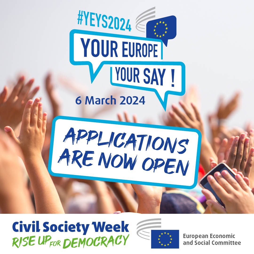 ⌛️ Only 1 day left!

Between 18 &amp; 25 y/o? Come speak up for democracy! 

YEYS youth assembly is back on 6 March 2024 during the <a href="/EU_EESC/">European Economic and Social Committee</a> #CivSocWeek!

Check the eligibility criteria and apply now until midnight (CET) on 31 Dec. 
👉 europa.eu/!4Rpcqr

#EUCivilSociety #YEYS24