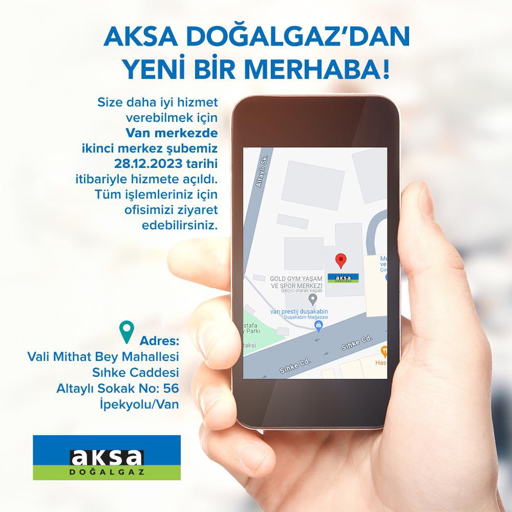 Size daha iyi hizmet verebilmek için Aksa Doğalgaz Van Ofisi ikinci merkez şubesiyle 28.12.2023 tarihi itibariyle hizmetinize açıldı. Tüm işlemleriniz için ofisimizi ziyaret edebilirsiniz.