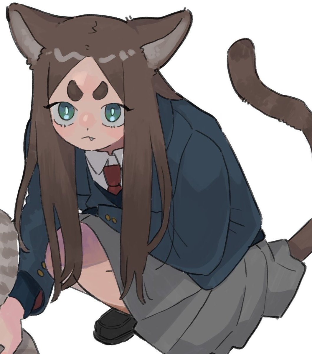 1girl animal ears tail squatting skirt solo brown hair  illustration images