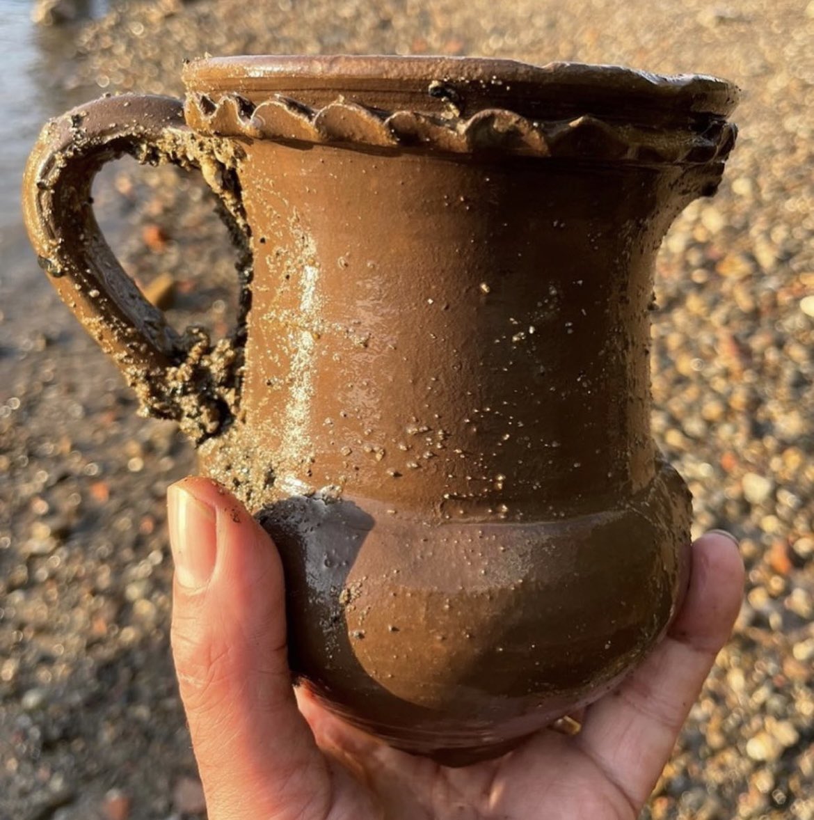 My mudlarking find of the year 2023: a Roman two handled cup (a handle and the base are missing).  This find made BBC London News. The most complete and unusual Roman vessel I’ve recovered. #mudlark #mudlarking