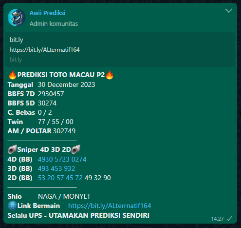 AwiPrediksi's tweet photo. Angka Paten TOTO MACAU P2 JAM 16.00 Bossku semoga di SAH kan bandoot , jangan lupa di kolepp kembali dengan angka bossku 🤝🤝🔥

Gabung prediksi Awii lengkap dan gratis di wa:
📲 0813-2039-2590 https://t.co/yn9g02aLvw