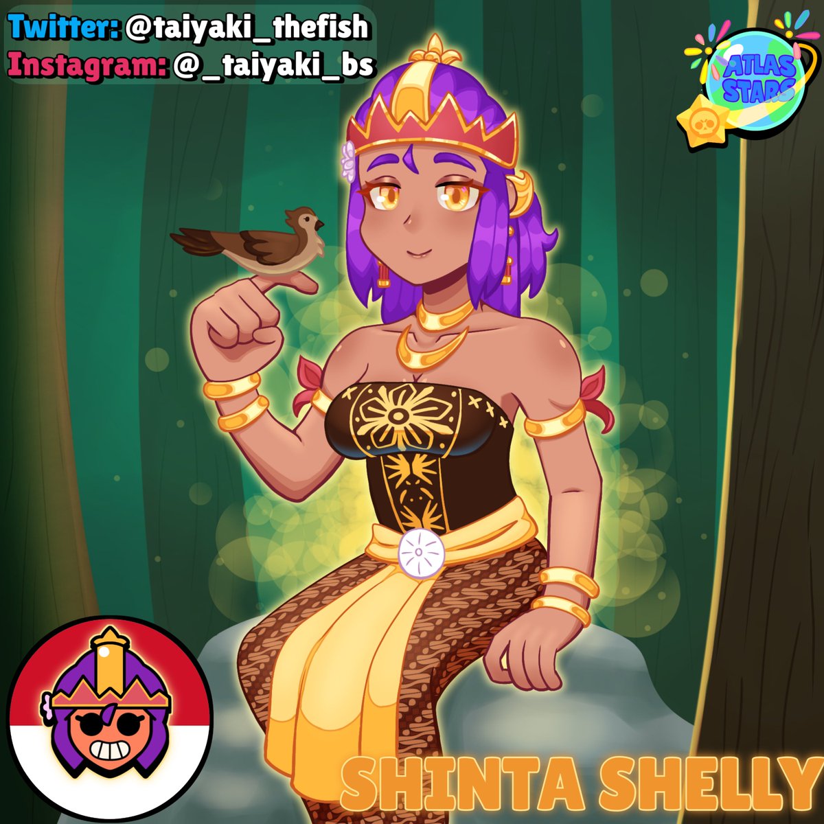 taiyaki_thefish's tweet photo. She may be harmless, but she does pack a punch. I present you... Shinta Shelly!

yeah yup, Shelly as Dewi Shinta from my contry's folklore: Rama lan Shinta (Rama and Shinta).

#BrawlStars #BrawlArt #BrawlStarsArt #brawlstarsshelly #shellybrawlstars #AtlasStars #AtlasStarsCollab https://t.co/tdQOnulXN5