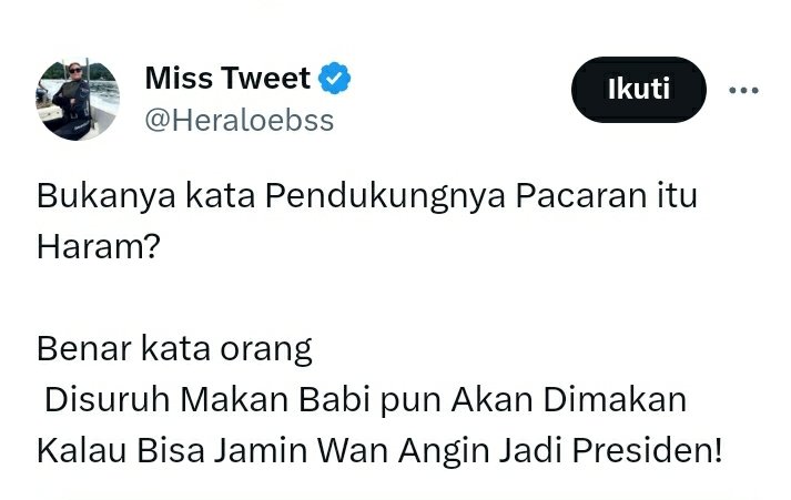 is_pelssy's tweet photo. Bukan kata pendukung..
Kata agama kami..
Gak ikut ya dosa..

Bukan kata capres atau kyai kami..
Gak usah lompat pagar lha https://t.co/R7yq3EKPhH