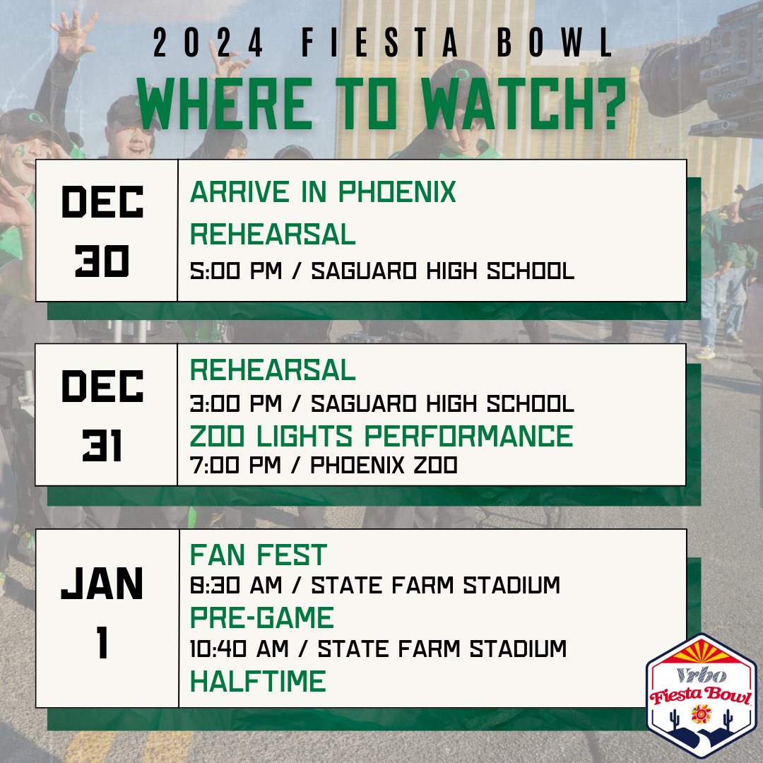 IT’S FIESTA TIME! The Oregon Marching Band is headed to the <a href="/Fiesta_Bowl/">Fiesta Sports Foundation</a> in Glendale! ☀️

Join the OMB in supporting the Ducks this weekend! We hope you are enjoying the holiday season with loved ones, and we look forward to seeing you at our first rehearsal! 💚 #GoDucks