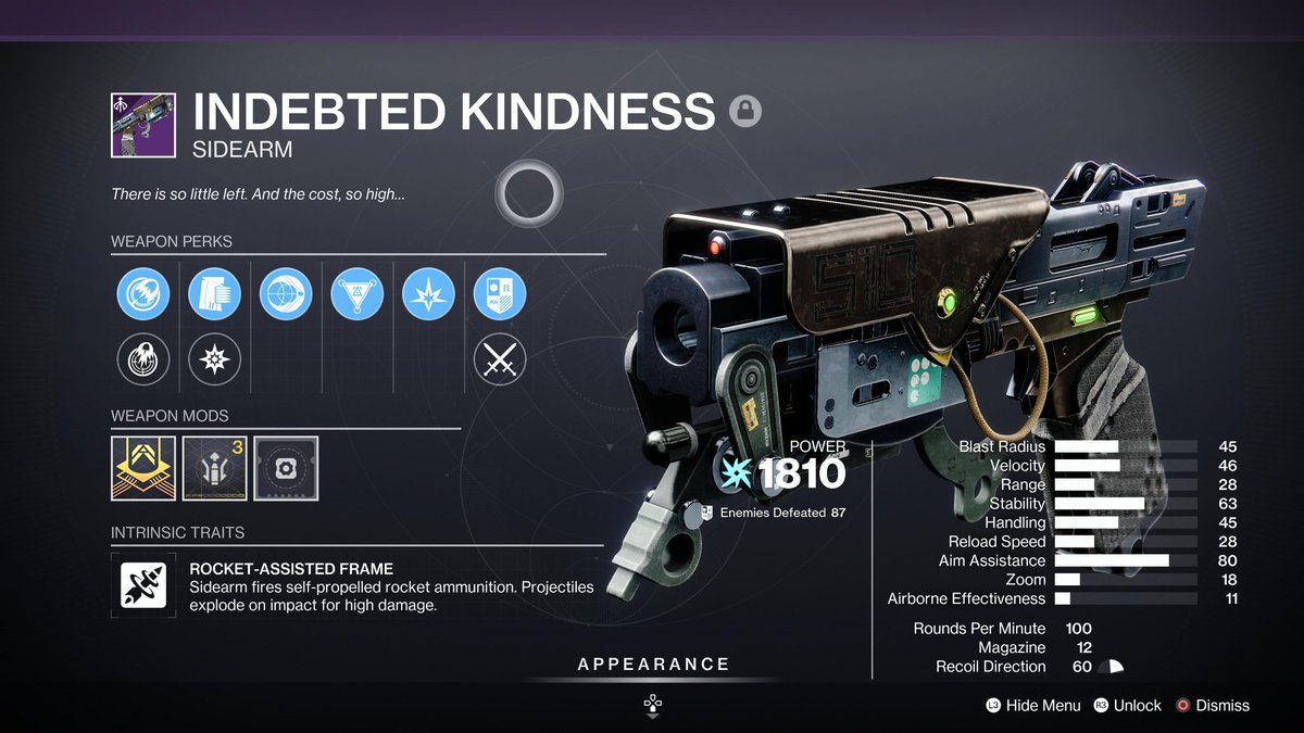 Mine5lice's tweet photo. Got my first rocket sidearm from the dungeon. Was sad that I didn’t get voltshot but the got less sad when I realized permeability means a rocket sidearm with VOLATILE ROUNDS https://t.co/sNqKcp3Mvo