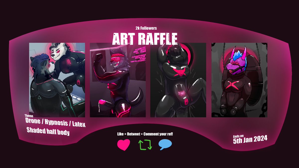 ⚠️// ART RAFFLE //⚠️

Win a shaded half body art with these theme:
- Drone
- Hypnosis
- Latex

Enter this raffle by like, retweet and commenting your reference!
NO RAFFLE ACC!

Winner will be contacted through DM, please make sure to enable it!

Raffle ends of 5th Jan 2024!