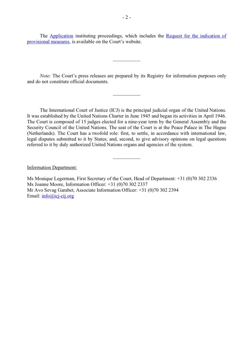 ICJ PRESS RELEASE: The Republic of South Africa institutes proceedings against the State of Israel and requests the Court to indicate provisional measures icj-cij.org/sites/default/…