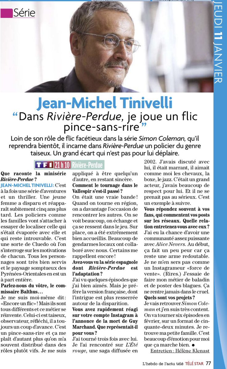 alice_fans1's tweet photo. 📰#Telestar (du 6 au 12 Janvier )
Interview Jean-Michel Tinivelli
« Dans Rivière-Perdue, je joue un flic pince-sans-rire »
📺Jeudi 11 Janvier sur #TF1
#riviereperdue #JmTinivelli #new #inedit #projets #tournage #SimonColeman https://t.co/NlU6a9CHK0
