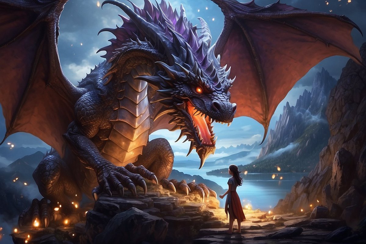 THFW_Official's tweet photo. "In the unfolding saga of 'The Heroic Faction War', witness the rare sight of a human taming a mighty dragon. Against all odds, she demonstrates the power of courage and wit over sheer strength. A moment of triumph where human bravery meets draconian might. #THFW #DragonTaming #HumanCourage #CCG #TCG #AIArtCommuity