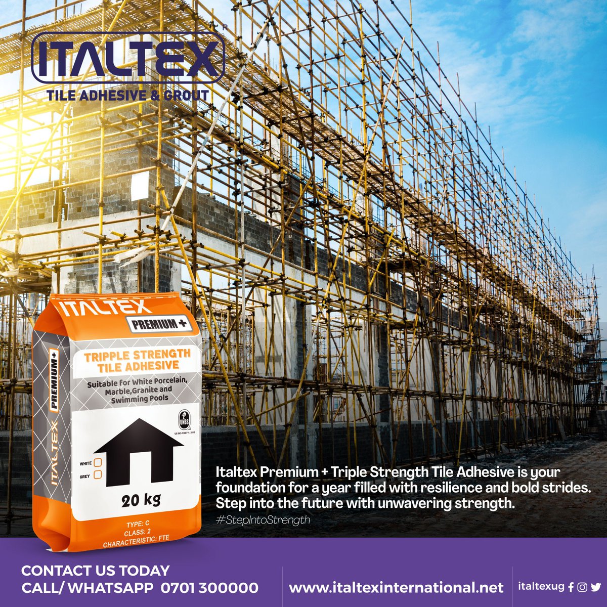 italtexug's tweet photo. Unleash the power of innovation in 2024 as you embark on a journey of seamless tiling that speaks volumes about your style and sophistication with our #triplestrength tile adhesive.

To purchase, call: 0701300000  | 

#italtex #tileadhesive #italtexpremium #construction https://t.co/v4hwc6QL0K