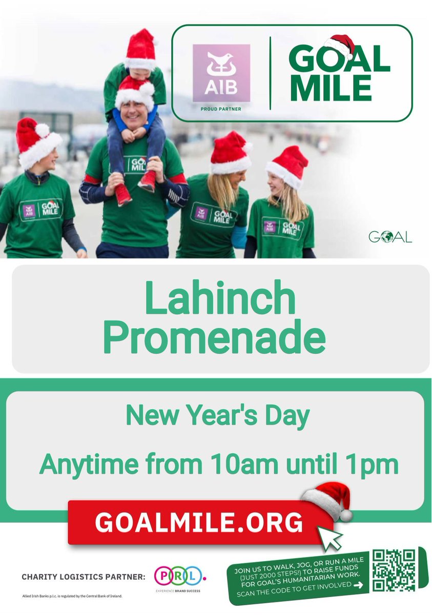 Not long now!!

Lahinch #GOALMile returns this New Year's morning from 10am on the Prom! Whether it's your first, or fortieth GOAL Mile, we are looking forwarding to seeing you there! 

Please Follow, Repost & Spread the word!