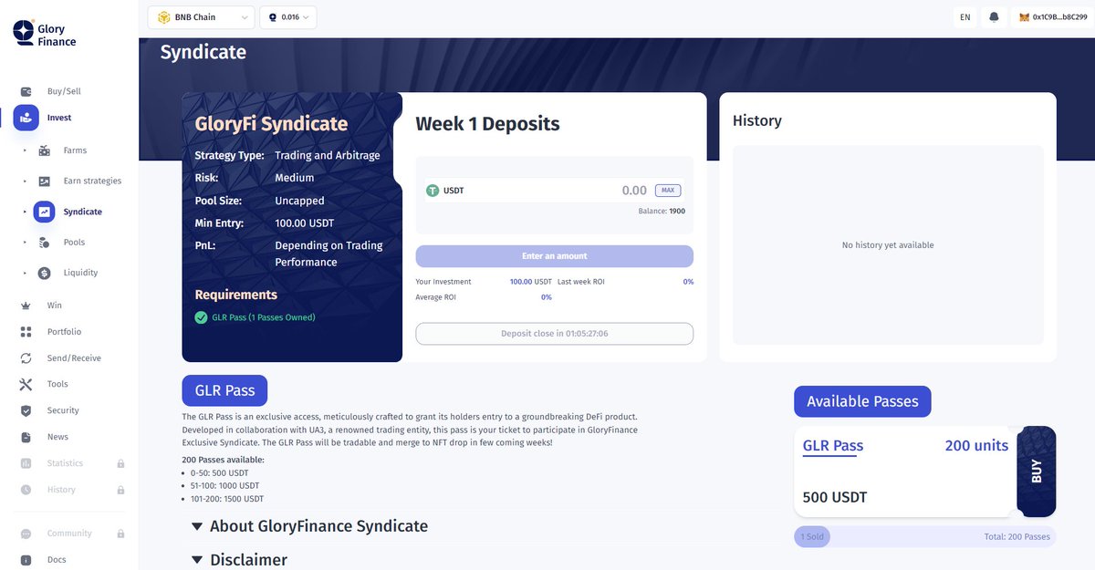 TLDR Last announcement:

#GloryFinance introduces the GloryFinance Syndicate, a new asset-backed investment platform in decentralized finance (DeFi), developed in collaboration with UA3. 

✅ It offers a unique investment opportunity by combining collective investment strength