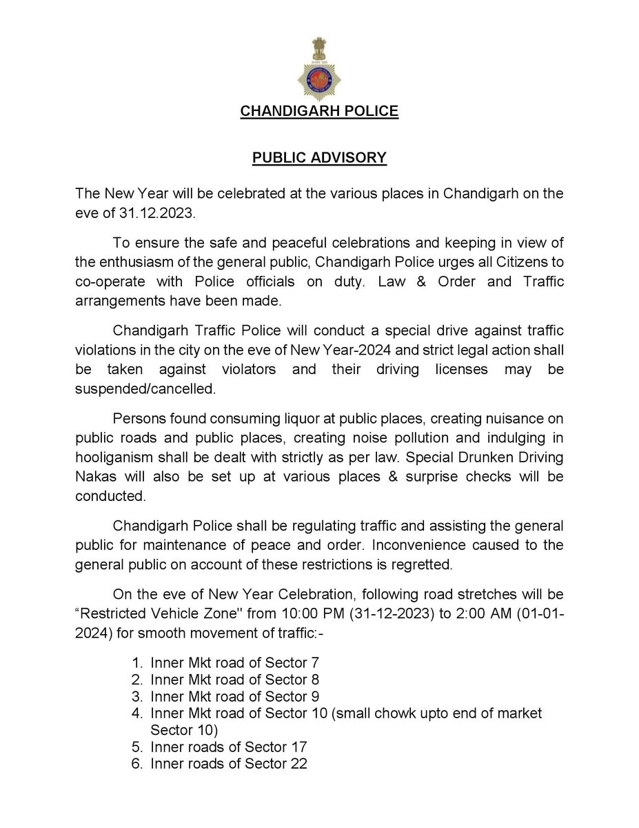 trafficchd's tweet photo. #TrafficAdvisory:- in view of #NewYear2024 celebrations, the following road stretches will be “Restricted Vehicle Zone” on 31st December 2023 from 10:00 PM to 2:00 AM for smooth movement of traffic.
Please cooperate with #ChandigarhTrafficPolice.
#WeCareForYou https://t.co/vjtPXDheKE