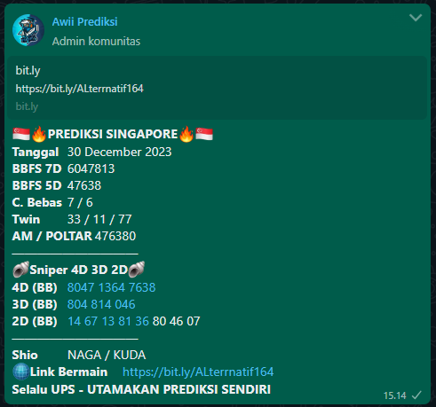 AwiPrediksi's tweet photo. Angka Paten SINGPORE Bossku semoga di SAH kan bandoot , jangan lupa di kolepp kembali dengan angka bossku 🤝🤝🔥

Gabung prediksi Awii lengkap dan gratis di wa:
📲 0813-2039-2590 https://t.co/qEGTDo0TJw