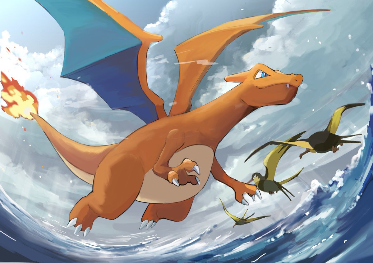 charizard flame-tipped tail pokemon (creature) no humans claws fire water cloud  illustration images