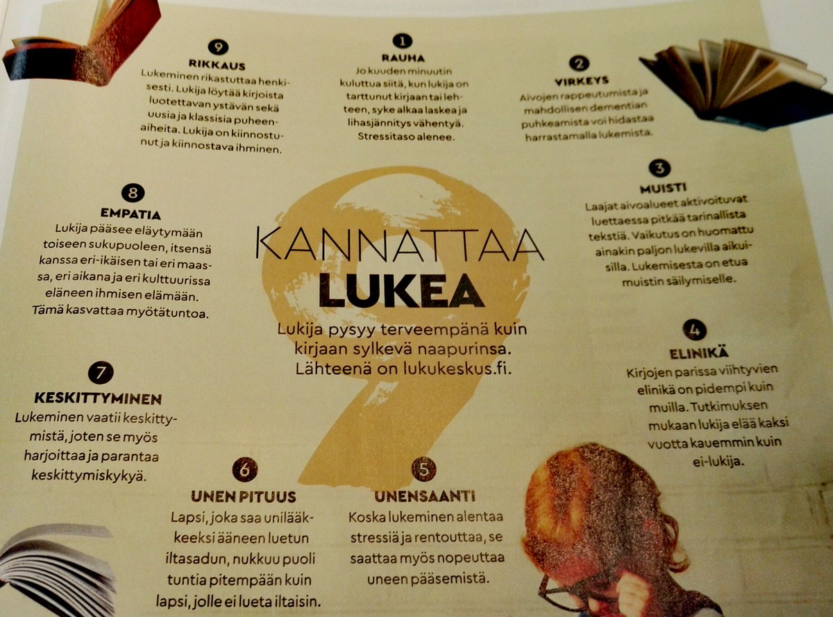 AnnukkaMeronen's tweet photo. Yhdeksän hyvää syytä lukea:
1. Alentaa sykettä ja stressitasoa jo 6 minuutissa
2. Ennaltaehkäisee muistisairauksia
3. Parantaa muistia
4. Pidentää elinikää
5. Helpottaa nukahtamista
6. Parantaa unta
7. Harjoittaa keskittymiskykyä
8. Lisää empaattisuutta
9. Rikastuttaa henkisesti https://t.co/VVTq6WMvQa