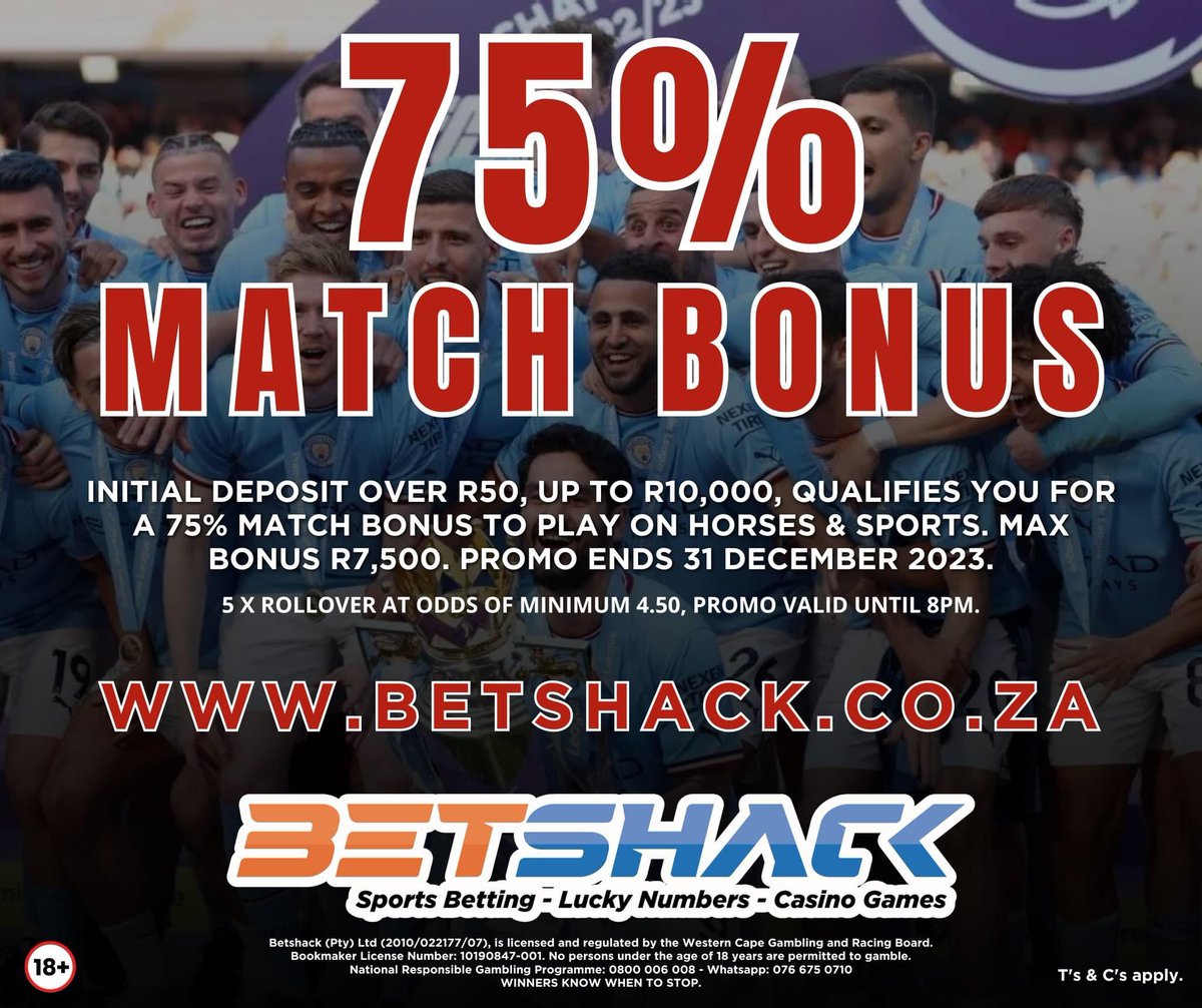 Betshack1's tweet photo. 75% Match Bonus To Play On Sports &amp; Horses This Weekend 🤑 ⚽️

Make a deposit over R50, up to R10,000 &amp; get 75% Match Bonus 💸💰

Place your bets now - https://t.co/D1ICSUmSvC

Valid until 31 December 2023, 8pm, 5 x rollover at odds of 4.50, contact support to claim, t’s &amp; c’s. https://t.co/fIC6CcwGua