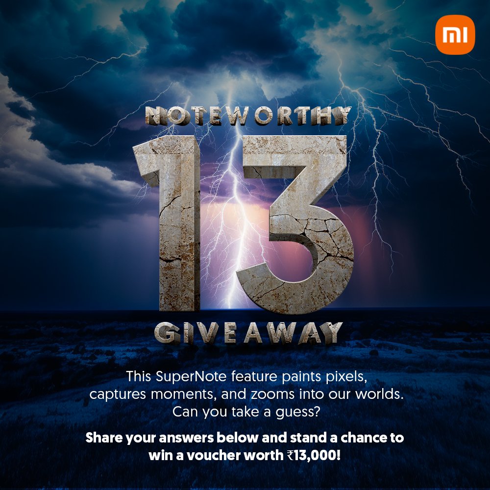 XiaomiIndia's tweet photo. The thrill is on! Here's your chance to secure a ₹13,000 voucher in the Noteworthy 13 Giveaway. 

Answer the fifth question using #RedmiNote13 #SuperNote, and your winning moment might be just a response away! 

Ready to win big? https://t.co/S8wuujUPji