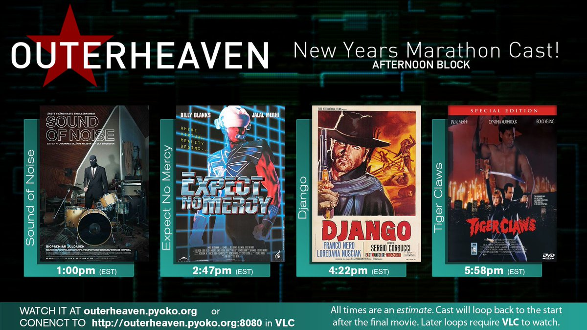 OuterheavenPics's tweet photo. OUTERHEAVEN 2023 NEW YEARS EVE MOVIE RERUN

SOUND OF NOISE 1PM 
EXPECT NO MERCY 2:47PM 
DJANGO 4:22PM 
TIGER CLAWS 5:58PM THE UNBEARABLE WEIGHT OF 
MASSIVE TALENT 7:36PM 
HAWK THE SLAYER 9:28PM 
MACROSS DO YOU REMEMBER LOVE 11:07PM NEMESIS 1:07AM https://t.co/XoG0WUvKBo