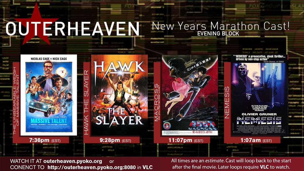 OuterheavenPics's tweet photo. OUTERHEAVEN 2023 NEW YEARS EVE MOVIE RERUN

SOUND OF NOISE 1PM 
EXPECT NO MERCY 2:47PM 
DJANGO 4:22PM 
TIGER CLAWS 5:58PM THE UNBEARABLE WEIGHT OF 
MASSIVE TALENT 7:36PM 
HAWK THE SLAYER 9:28PM 
MACROSS DO YOU REMEMBER LOVE 11:07PM NEMESIS 1:07AM https://t.co/XoG0WUvKBo