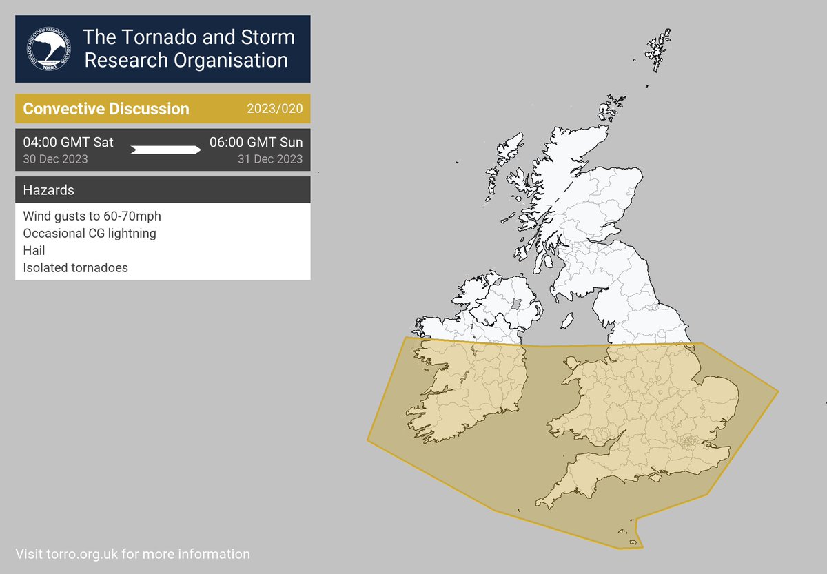 TORRO Convective Discussion 2023/020 issued valid until 0600 GMT Sunday 31st December 2023 torro.org.uk/forecast