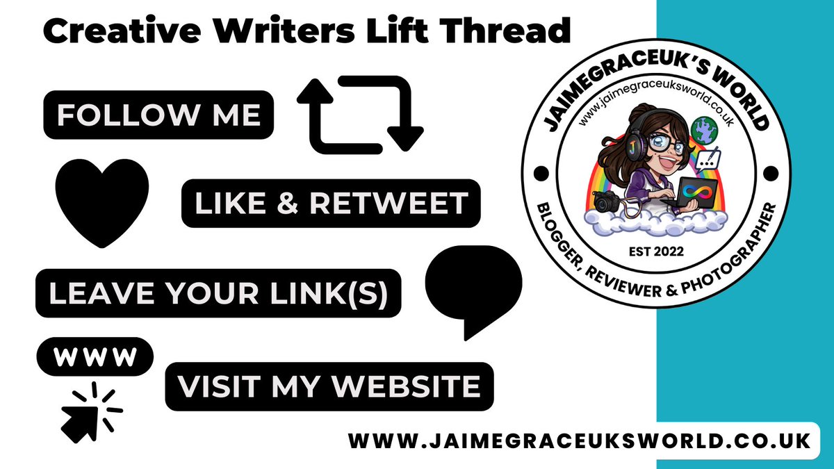 #ShamelessSelfpromoThursday #writerslift 📝Follow me 📝Like & RT 📝Leave your link(s) 📝Visit my blog Drop your #Books #Poetry #Websites #Videos #Arts #Music #Novels #Etsy #Stories #Podcasts #Blogs #Audiobooks #Youtube #WIP jaimegraceuksworld.co.uk