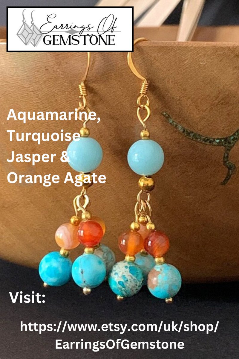 Unique boho style earrings from Earrings of Gemstone: Aquamarine, Turquoise Jasper & Orange Agate: etsy.com/uk/listing/145…

#earringsofgemstone #gemstoneearrings #bohofashion #womensfashion #bohoaccessories #bohemianjewellery #festivalfashion #retrostyle