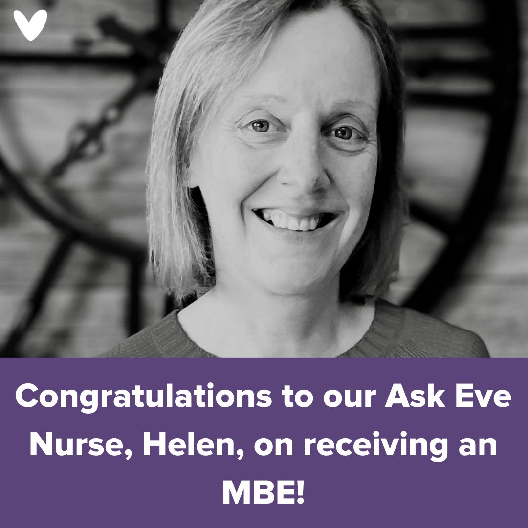 We are very proud to announce that our wonderful Ask Eve Nurse co-ordinator, Helen, has been awarded an MBE in the New Year’s Honours List for her extraordinary commitment to supporting women with gynaecological cancers.

Read more on our blog: bit.ly/3HlkIWp
