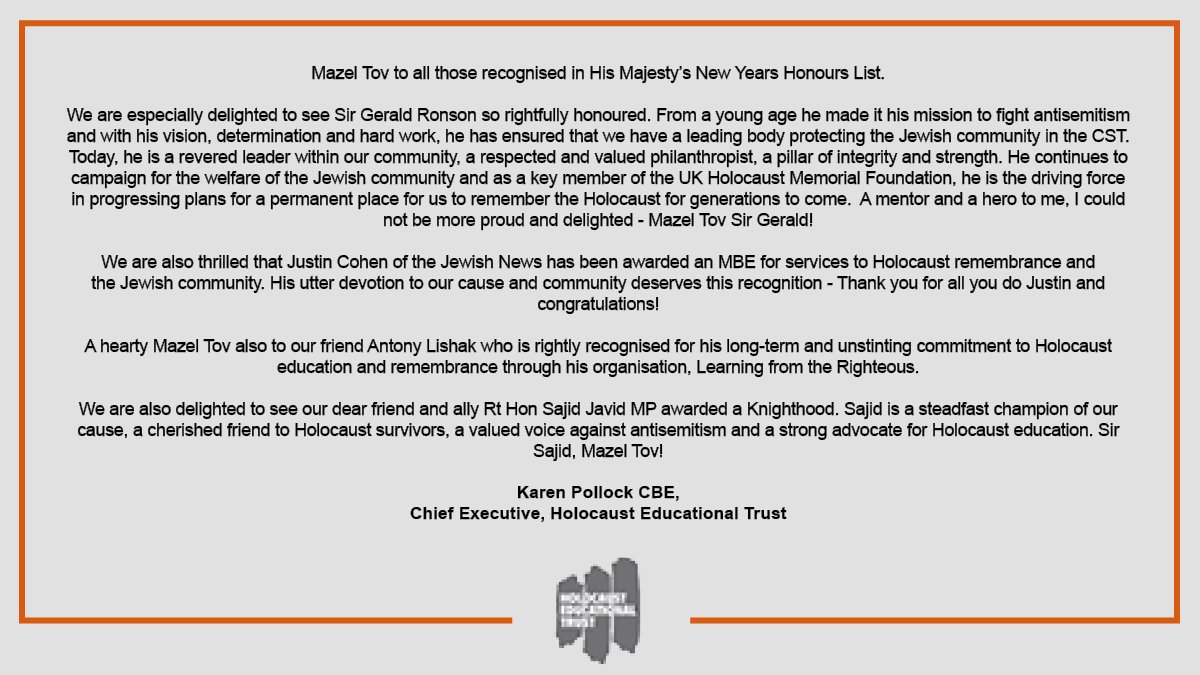 HolocaustUK's tweet photo. Mazel Tov to all those recognised in His Majesty’s New Years Honours List! https://t.co/Klm41MBWz8
