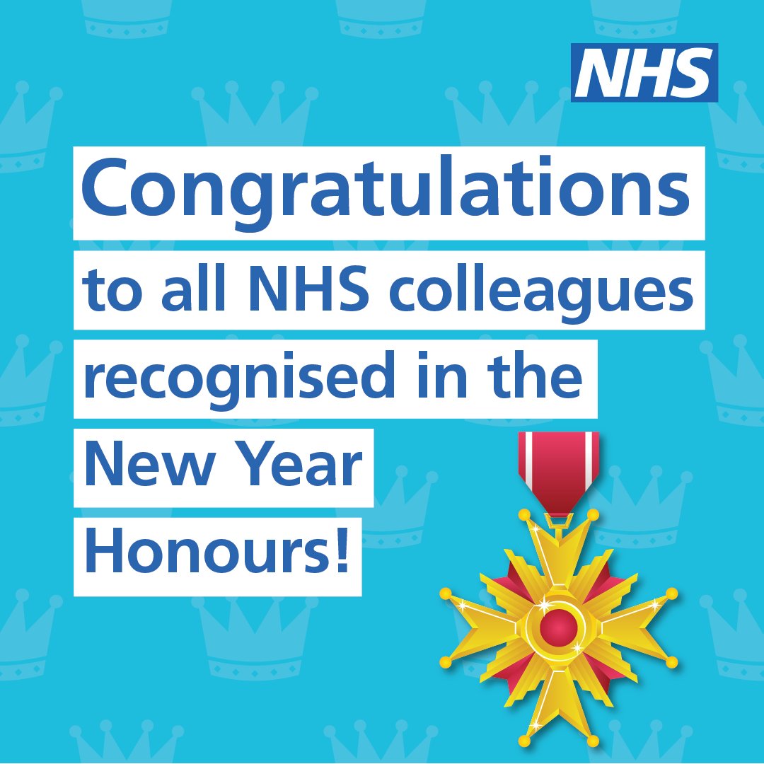 Congratulations to all the NHS staff who have been recognised for their work in the New Year Honours list. Colleagues including nurses, doctors and surgeons have been awarded for their skill, compassion and dedication. 

Find out more. england.nhs.uk/2023/12/nhs-st…