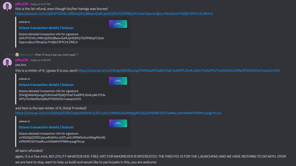 Refund has been paid in full. 
If you want to help us build something unique on <a href="/solana/">Solana</a> and <a href="/WAX_io/">WAX</a> , DYOR before minting a Hamigo! Everyone is welcome. However, there is NO financial gains behind this project nor promises. Free art with NO utilities nor roadmap. <a href="/SolanaSensei/">Solana Sensei</a>