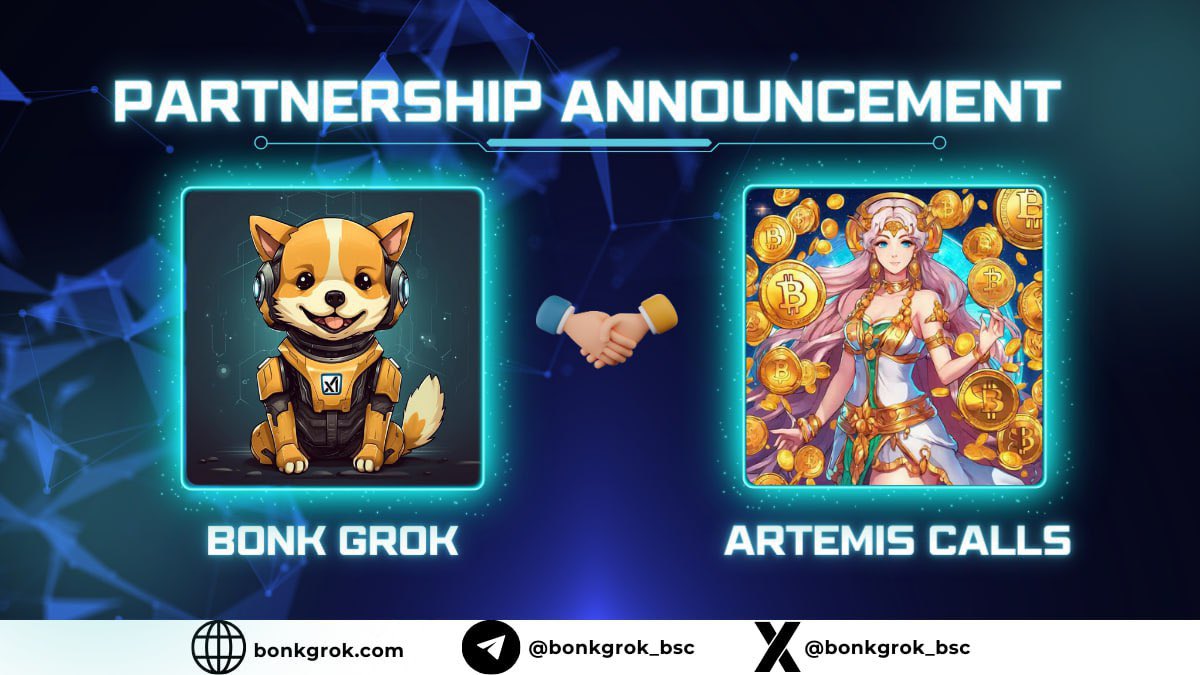 bonkgrok_bsc's tweet photo. 💠  Bonk Grok is excited to announce Artemis Calls as our next partner.

✅ $BONKGROK - BEP20 token was created by people who saw the potential between BONK and GROK to become billionaires by investing in them. 

✅ Information about NFTs and Presale : https://t.co/USHhF92Ulq https://t.co/GmaDLouVFZ